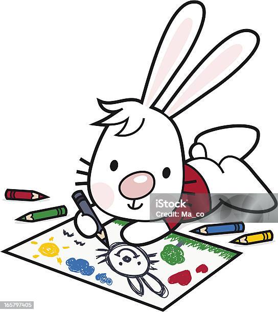 Kinder Zeichnungcomic Bunny Farben Und Buntstifte Stock Vektor Art und mehr Bilder von Kaninchen - Kaninchen, Zeichnen, Anthropomorph