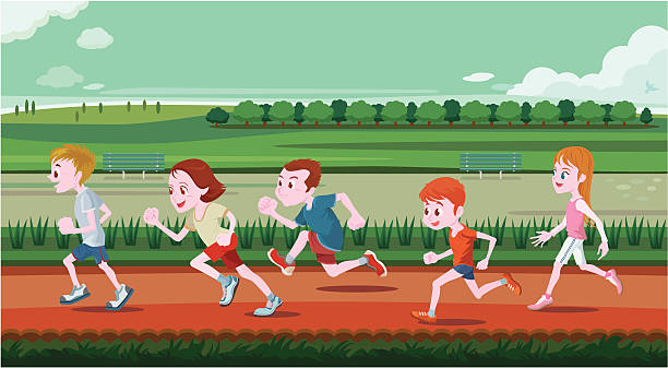 ilustrações de stock, clip art, desenhos animados e ícones de crianças executar fora da porta - child running sport sports race