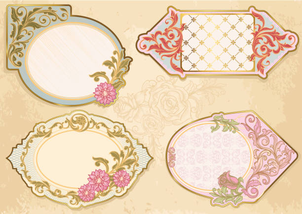 ilustrações, clipart, desenhos animados e ícones de rótulos retrô - baroque style wallpaper pink retro revival