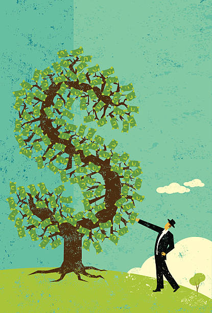 ilustrações de stock, clip art, desenhos animados e ícones de empresário e sua árvore de dinheiro - wealth paper currency incentive money doesnt grow on trees