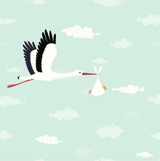 Stork delivery Flying stork delivering a baby. Seamless sky with clouds background.  pregnancy and childbirth stock illustrations