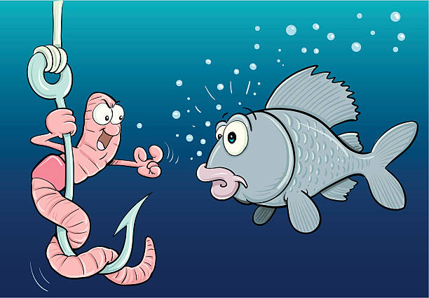 지렁이 vs 고기잡이 - worm cartoon fishing bait fishing hook stock illustrations