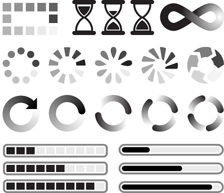 Loading preloader and downloading Icons black & white set. This editable vector file features black interface icons on white Background. The interface icons are organized in rows and can be used as app interface icons, online as internet web buttons, and in digital and print.