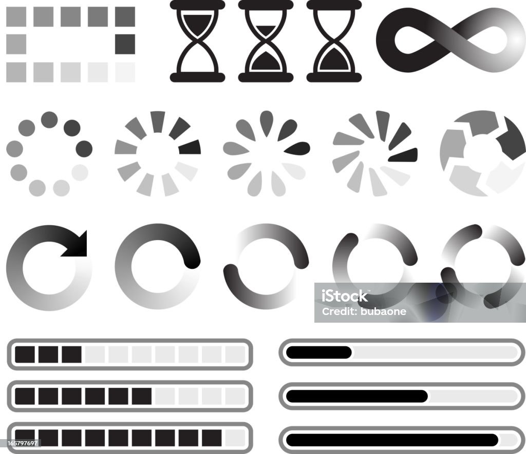 Loading preloader and downloading Vector Icons black & white set Loading preloader and downloading Icons black & white set. This editable vector file features black interface icons on white Background. The interface icons are organized in rows and can be used as app interface icons, online as internet web buttons, and in digital and print. Progress Bar stock vector