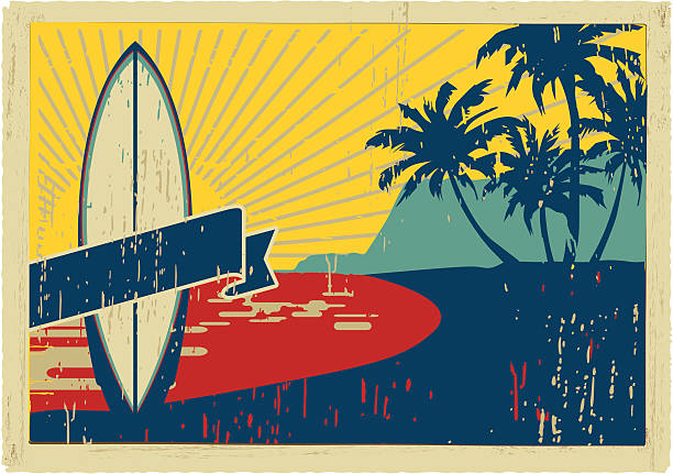 bildbanksillustrationer, clip art samt tecknat material och ikoner med vintage surfboard postcard - longboarding surfing