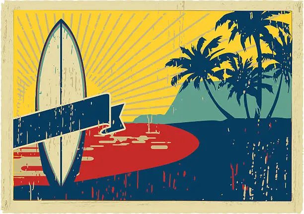 Vector illustration of vintage surfboard postcard