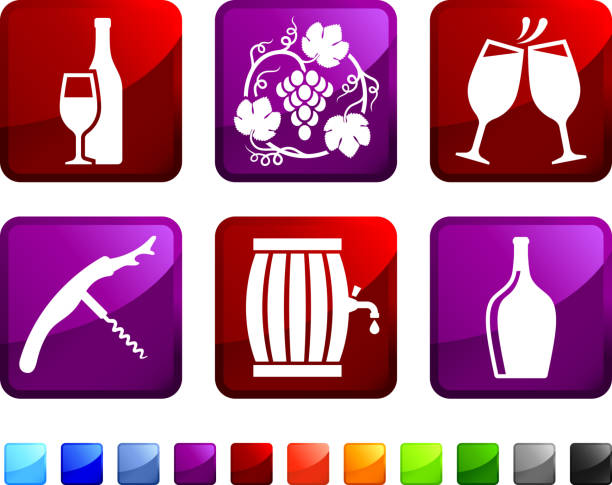 illustrazioni stock, clip art, cartoni animati e icone di tendenza di cantina royalty-free icona set di adesivi vettoriale - wine champagne bottle mulled wine