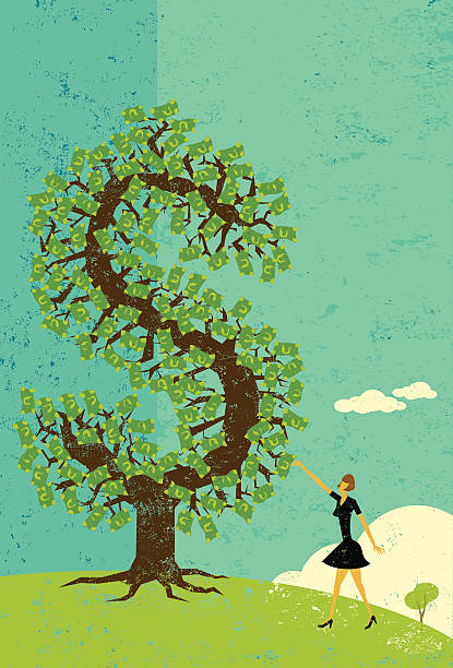 ilustrações de stock, clip art, desenhos animados e ícones de mulher de negócios e sua árvore de dinheiro - wealth paper currency incentive money doesnt grow on trees