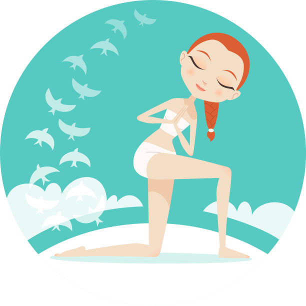 йога поза вращающегося молитвенный поза - yoga women emotional stress praying stock illustrations