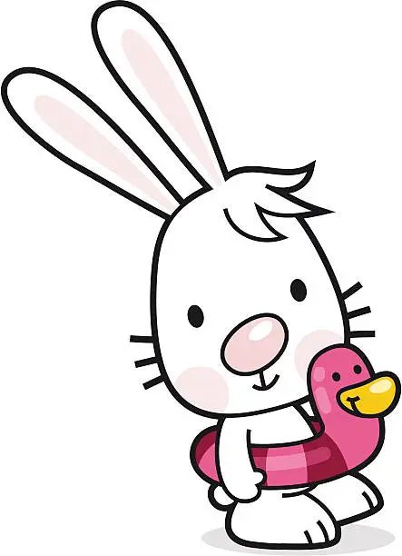 Vector illustration of bunny with inflatable rubber duck / let's go to swim