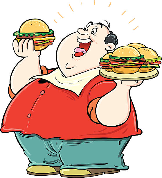 ест гамбургер - eating men fat overweight stock illustrations