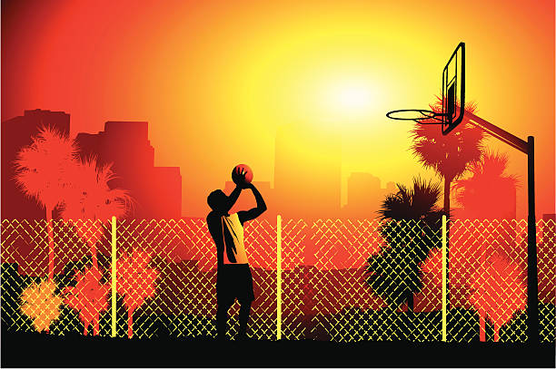 Practicing free throws Vector silhouette of a basketball player taking a free throw with a sunset urban environment behind him.  basketball sport street silhouette stock illustrations