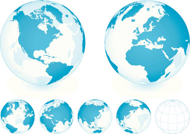 Transparent blue globe shown in five positions Transparent Blue Globe Set on white background with different planet positions. Additional Zip file contains: .AI(8), PDF and High res JPEG. blue world stock illustrations