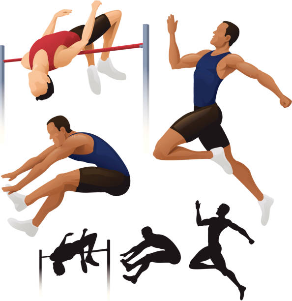 Long & High Jump. Stylised illustration of male long jumper and high jumper athletes.  Layered and grouped for ease of use. Download includes EPS8 vector file and hi-res jpeg. long jump stock illustrations