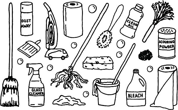Cleaning Supplies A black and white collection of cleaning supplies and equipment. carpet sweeper stock illustrations
