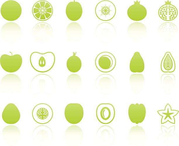 ilustraciones, imágenes clip art, dibujos animados e iconos de stock de iconos de frutas verde - apple portion red freshness