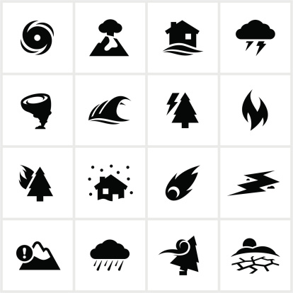 Natural disaster themed icons. All white strokes/shapes are cut from the icons and merged allowing the background to show through.