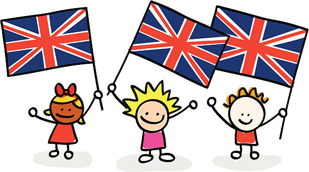 ilustraciones, imágenes clip art, dibujos animados e iconos de stock de los niños con banderas reino unido - fan england british culture english culture