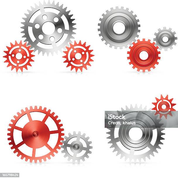 Conjunto De Engrenagens Em Vermelho - Arte vetorial de stock e mais imagens de Dente de Engrenagem - Dente de Engrenagem, Encaixado, Abstrato