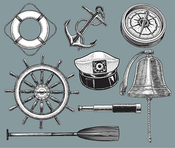 Ship Equipment - Anchor, Life Preserver, Compass Ship equipment. Pen and ink illustrations of nautical equipment. Anchor, float or life preserver, compass, rudder, captains hat, ship bell, telescope, oar or paddle. Check out my "Nautical & Beach" light box for more. boat captain illustrations stock illustrations
