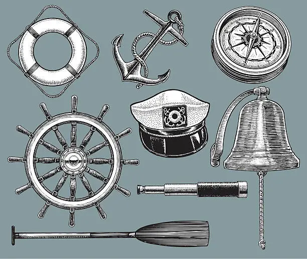 Vector illustration of Ship Equipment - Anchor, Life Preserver, Compass