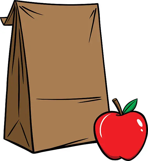 Vector illustration of Cartoon illustration of brown bag lunch with red apple