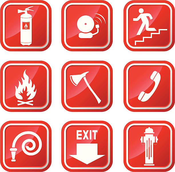 ilustraciones, imágenes clip art, dibujos animados e iconos de stock de fuego señales de advertencia. - fire prevention