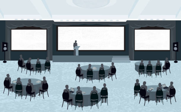 крупные конференции с тремя экраны - presentation seminar business silhouette stock illustrations