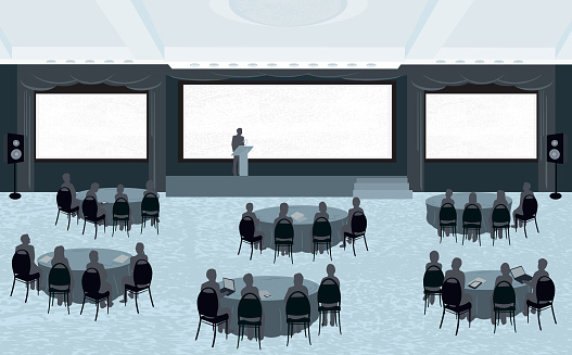 Vector illustration of large convention center room with silhouetted chairs, attendees at banquet tables with laptops and hand held devices. Speaker at podium infront of projection screens. Three large blank projection screens ideal for copy space. Download includes Illustrator 8 eps with elements neatly arranged on separate layers, high resolution jpg and png file. See my portfolio for other conference and business related illustrations.