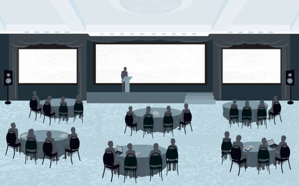 Large conference with three screens Vector illustration of large convention center room with silhouetted chairs, attendees at banquet tables with laptops and hand held devices. Speaker at podium infront of projection screens. Three large blank projection screens ideal for copy space. Download includes Illustrator 8 eps with elements neatly arranged on separate layers, high resolution jpg and png file. See my portfolio for other conference and business related illustrations. announce stock illustrations