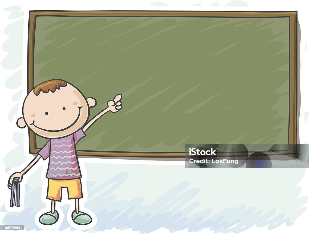 Little boy standing in front of the blackboard Little boy standing in front of the blackboard in cartoon style, with colour Child stock vector