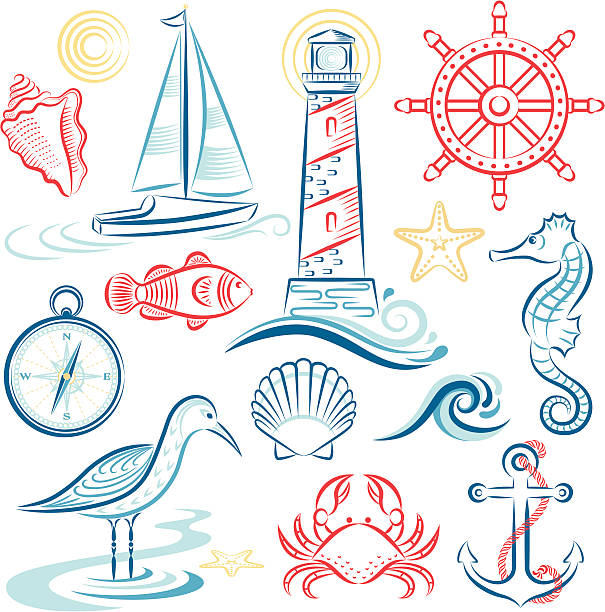 море набор & shore - sailboat nautical vessel lake sea stock illustrations