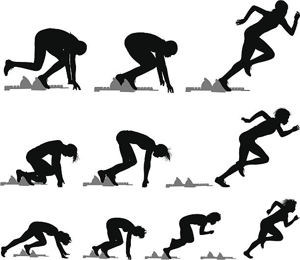 sprinters ランナーレーストラックを満たす-雌 - athlete muscular build hurdle motivation点のイラスト素材／クリップアート素材／マンガ素材／アイコン素材