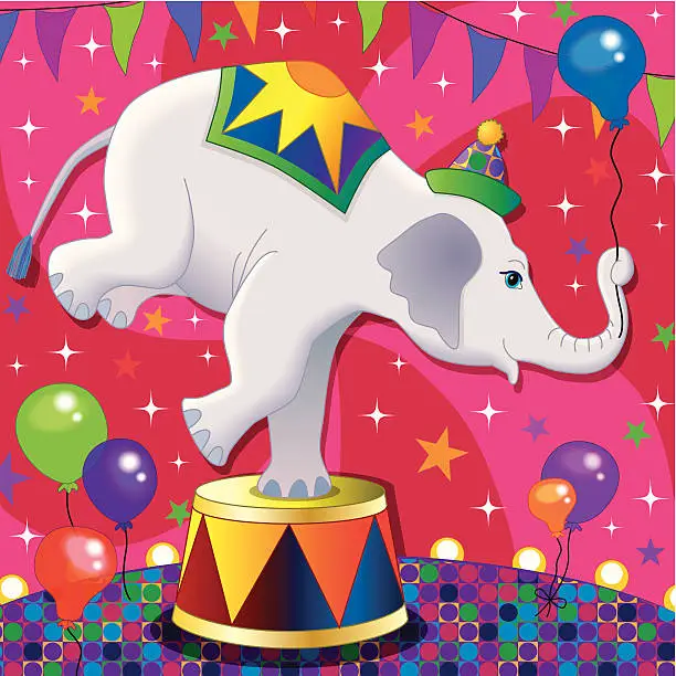 Vector illustration of white circus elephant doing a trick
