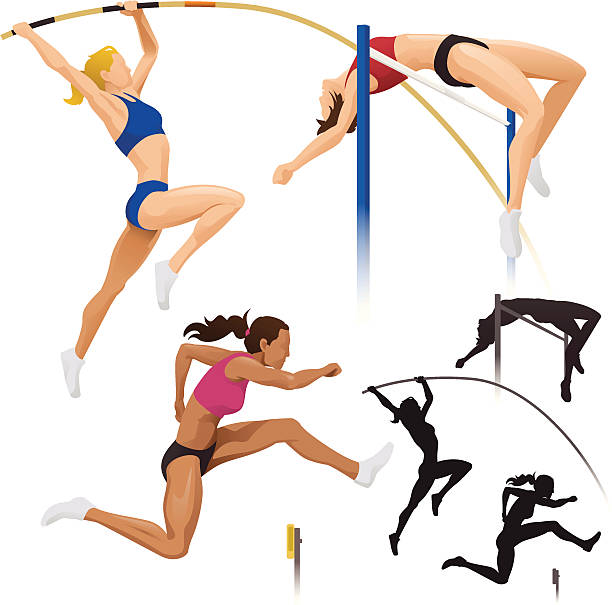 ilustraciones, imágenes clip art, dibujos animados e iconos de stock de salto con pértiga, salto de altura & obstáculos - evento de prueba de campo feminino
