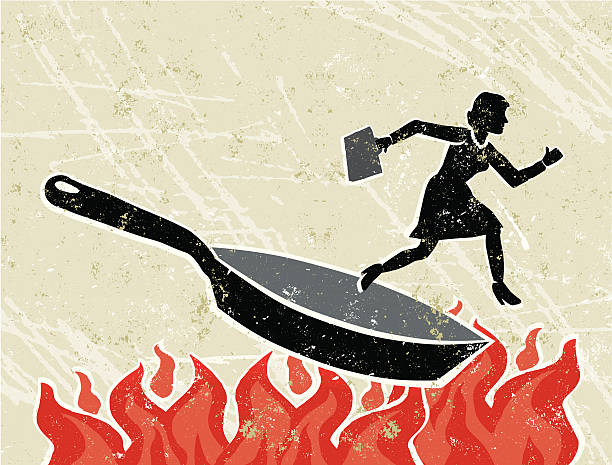 Out of the frying pan into the Fire! A stylized vector cartoon of a woman  jumping from a pan into the fire, the style is  reminiscent of an old screen print poster. Suggesting career path, redundancy, danger, obstacles, overcoming obstacles,financial instability,danger, over confidence, or Error of Judgement. Woman, Pan,skyline, Fire, paper texture and background are on different layers for easy editing. Please note: clipping paths have been used,  an eps version is included without the path.