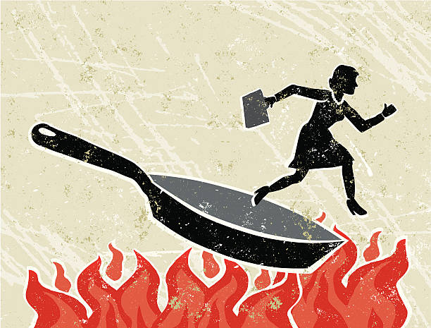Business Woman Out of a Frying Pan into The Fire vector art illustration