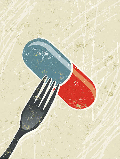 Take your Medicine, Fork with a Pill Diet Pill!! A stylized vector cartoon of a pill on a fork, reminiscent of an old screen print poster and suggesting vitamin pill, supplements, addiction, healthy eating, take your medicine or medication. Pill, fork, paper texture, and background are on different layers for easy editing. Please note: clipping paths have been used, an eps version is included without the path. diet pills stock illustrations