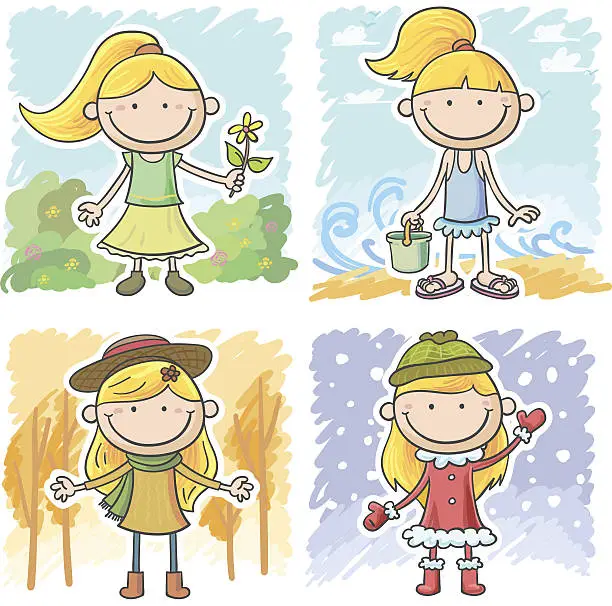 Vector illustration of Little girl in four season