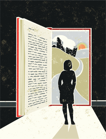 Lose yourself in a good book! A stylized vector cartoon of a book in the shape of an open door with light streaming in and a cityscape behind, the style is  reminiscent of an old screen print poster. Suggesting opportunity, hope, Education, reading, escape, career path,journey, or losing yourself in good book. Woman, Book, cityscape, paper texture and background are on different layers for easy editing. Please note: clipping paths have been used,  an eps version is included without the path.