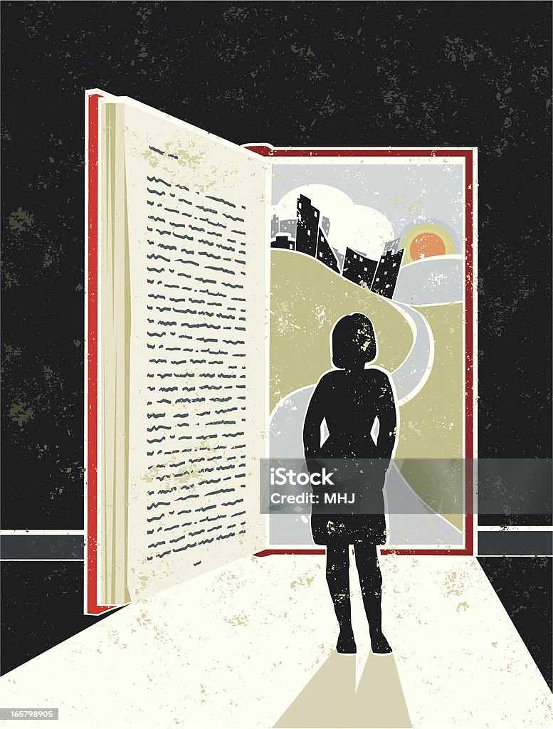 Woman Reading Book showing Cityscape, suggesting an Open Doorway Lose yourself in a good book! A stylized vector cartoon of a book in the shape of an open door with light streaming in and a cityscape behind, the style is  reminiscent of an old screen print poster. Suggesting opportunity, hope, Education, reading, escape, career path,journey, or losing yourself in good book. Woman, Book, cityscape, paper texture and background are on different layers for easy editing. Please note: clipping paths have been used,  an eps version is included without the path. Book stock vector