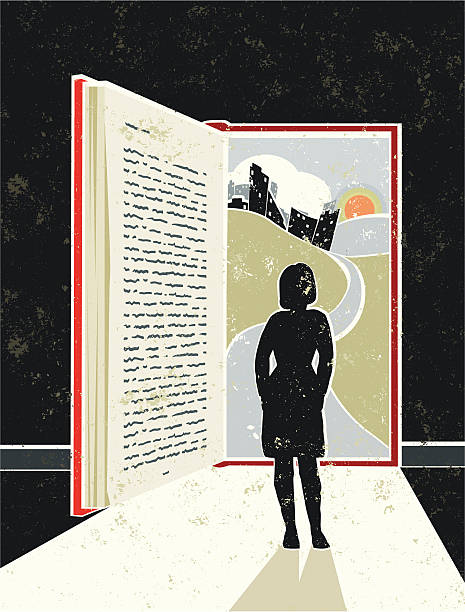 Woman Reading Book showing Cityscape, suggesting an Open Doorway Lose yourself in a good book! A stylized vector cartoon of a book in the shape of an open door with light streaming in and a cityscape behind, the style is  reminiscent of an old screen print poster. Suggesting opportunity, hope, Education, reading, escape, career path,journey, or losing yourself in good book. Woman, Book, cityscape, paper texture and background are on different layers for easy editing. Please note: clipping paths have been used,  an eps version is included without the path. escaping illustrations stock illustrations