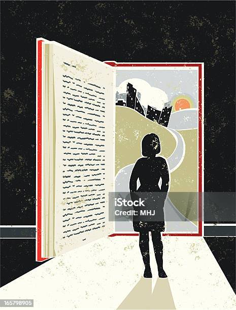 Woman Reading Book Showing Cityscape Suggesting An Open Doorway Stock Illustration - Download Image Now