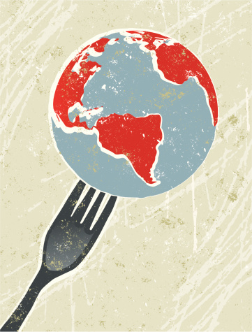 World on a fork! A stylized vector cartoon of a The earth being on the End of  Fork, reminiscent of an old screen print poster and suggesting fragility, saving the earth,, Earth Day, world hunger, world food industry, global cuisine, environment, environmental concerns or global crisis. World, fork, paper texture, and background are on different layers for easy editing. Please note: clipping paths have been used, an eps version is included without the path.