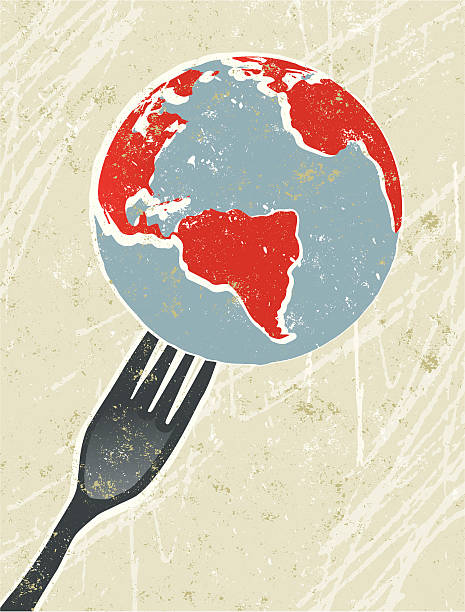 World on a Fork World on a fork! A stylized vector cartoon of a The earth being on the End of  Fork, reminiscent of an old screen print poster and suggesting fragility, saving the earth,, Earth Day, world hunger, world food industry, global cuisine, environment, environmental concerns or global crisis. World, fork, paper texture, and background are on different layers for easy editing. Please note: clipping paths have been used, an eps version is included without the path. vintage food and drink stock illustrations