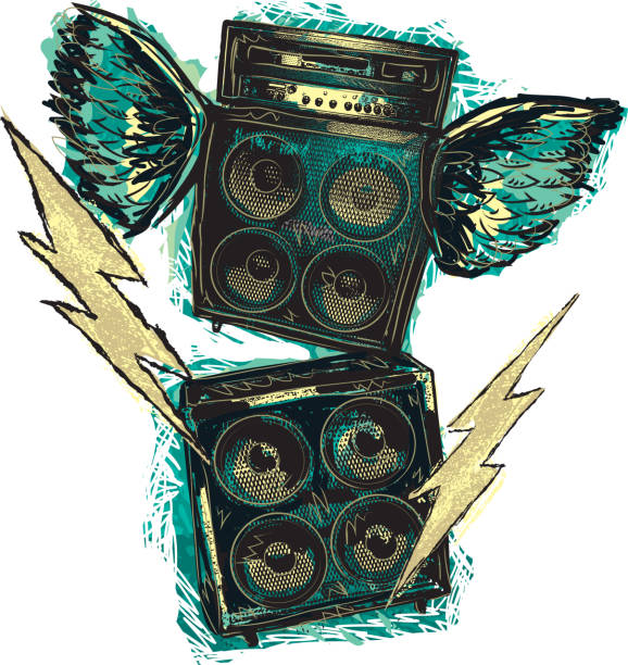 Rock n' roll stacked amplifiers with wings and bolts Vector illustration of two stacked amps with lighting bolts and wings. Image depicts loud rock n' roll. Download includes Illustrator 8 eps, high resolution jpg and png file. See my portfolio for other related drawings. rock n roll music speakers stock illustrations