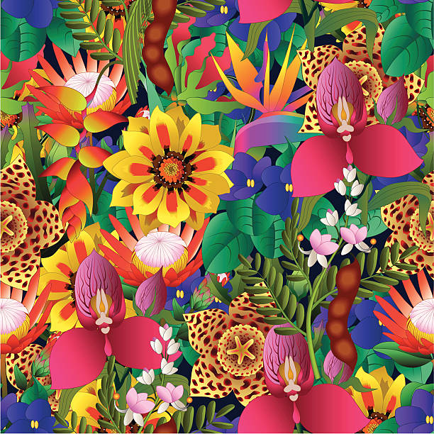 бесшовные тропический цветок узор - backgrounds tropical climate repetition pattern stock illustrations
