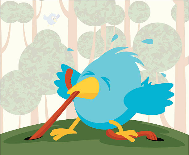 A cartoon of a blue bird getting a worm Early bird nearly catches the worm the early bird catches the worm stock illustrations