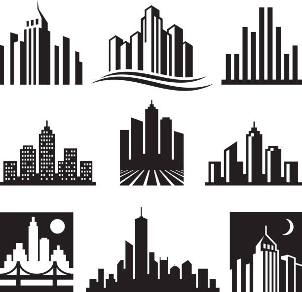 ilustrações de stock, clip art, desenhos animados e ícones de preto cidade edifícios logótipo & branco vector conjunto de ícones - skyscraper
