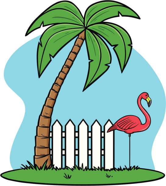 plastikowy flaming z palm tree - flamingo plastic flamingo florida plastic stock illustrations